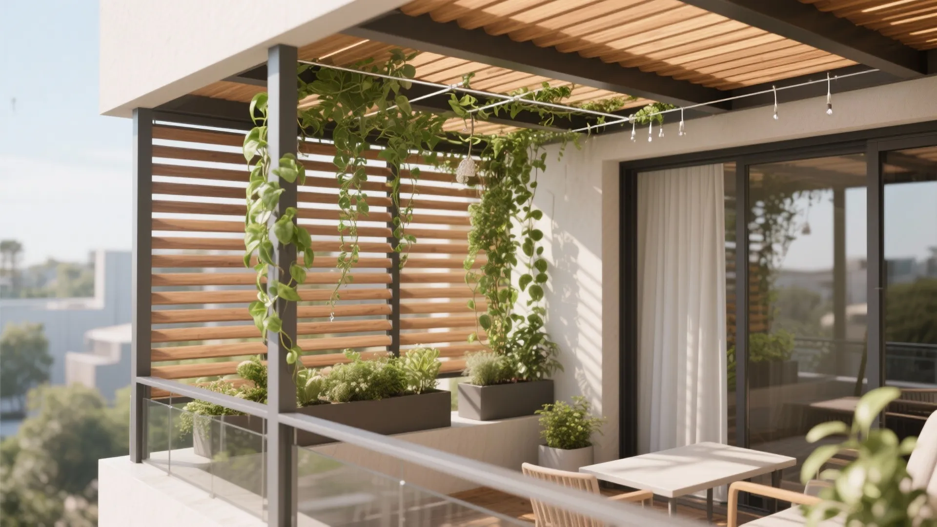 Modern balcony with wooden privacy slats climbing green plants potted flowers and white outdoor furniture