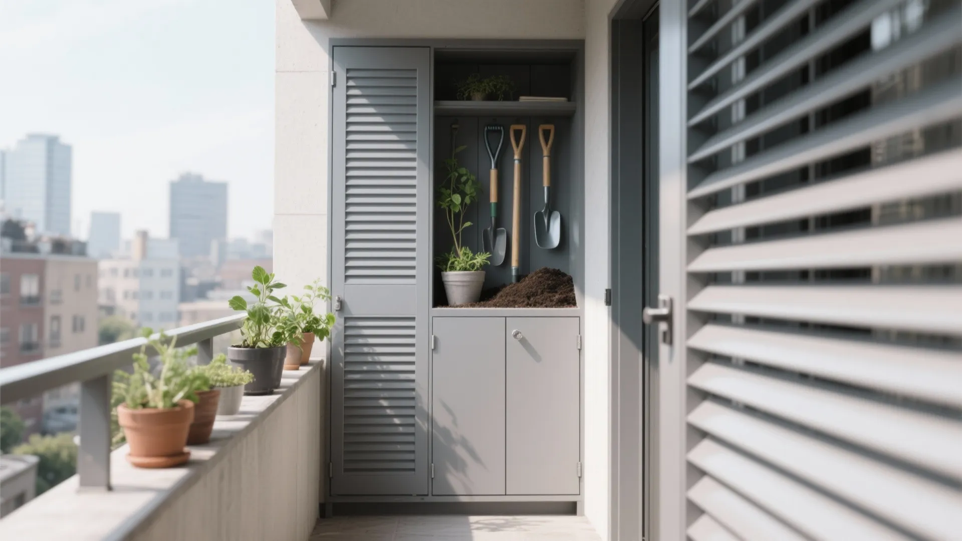 Slim powder-coated aluminum balcony cabinets with slatted doors in soft daylight.