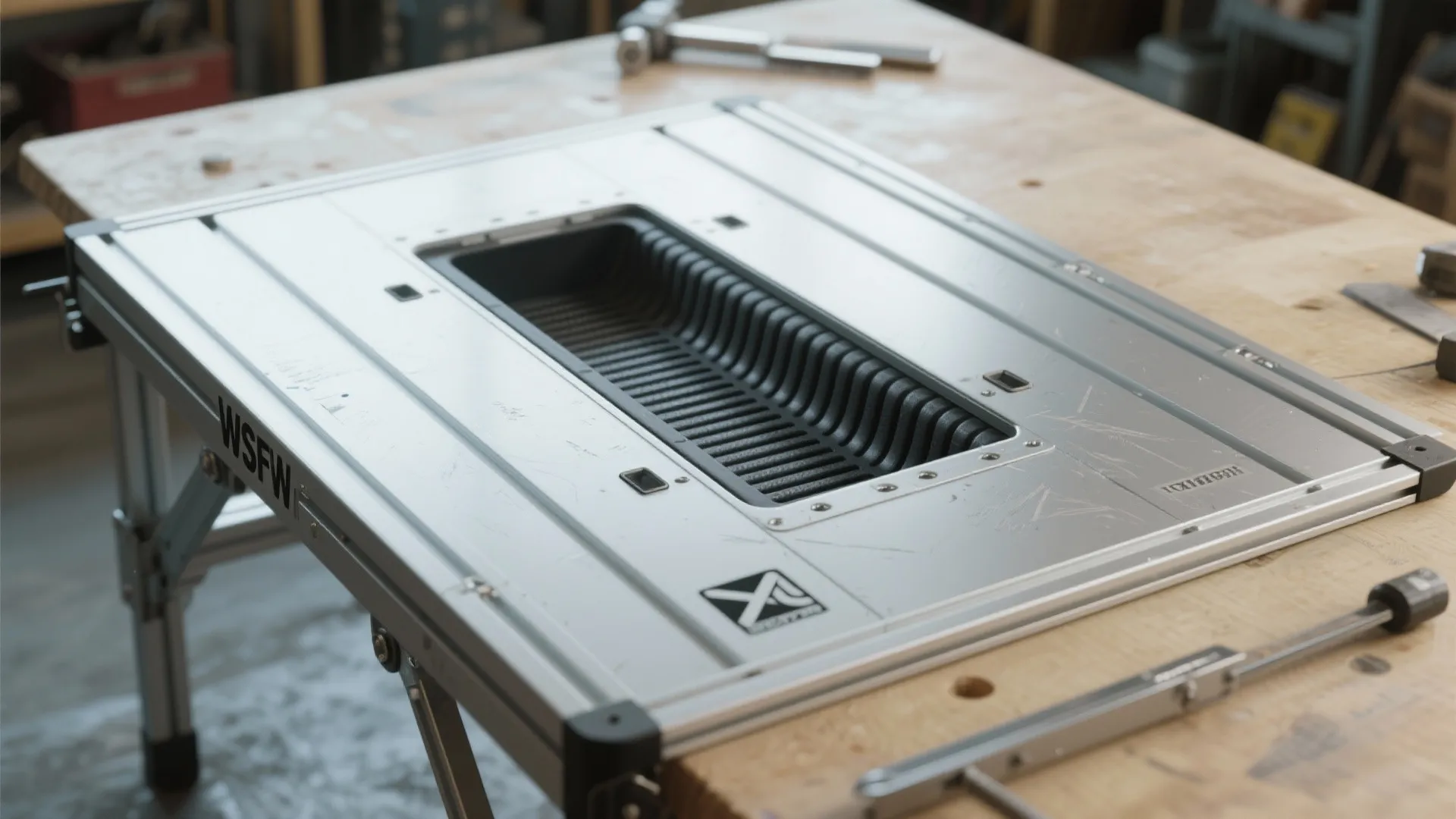 Top-down view of a collapsible aluminum fillet top with removable central trough and rubber mat.