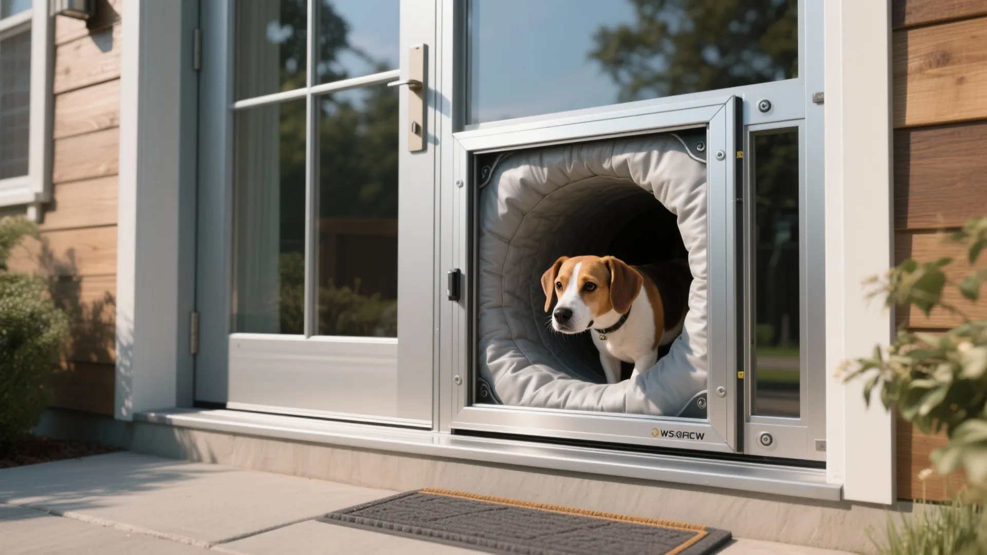 A small dog looking out from a grey pet door installed in a glass door