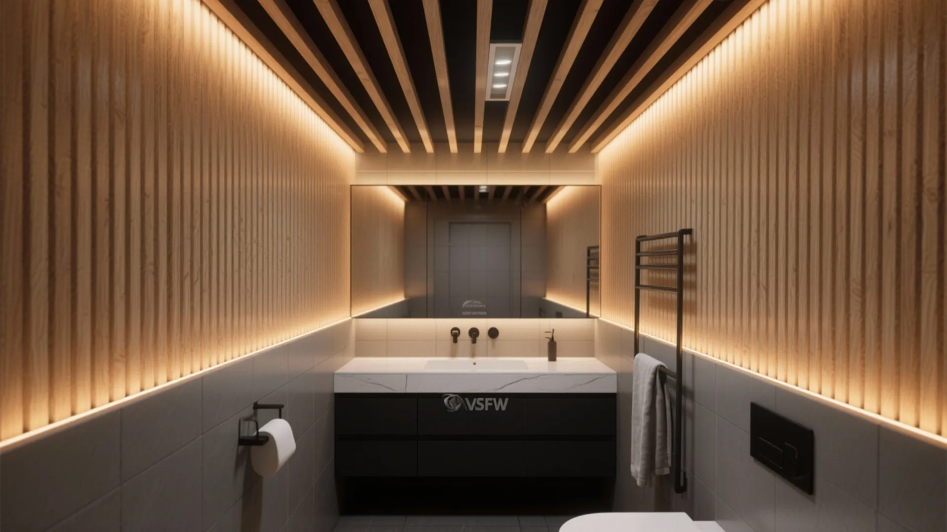 Modern bathroom with wood wall panels plus black cabinet and mirror with warm back light