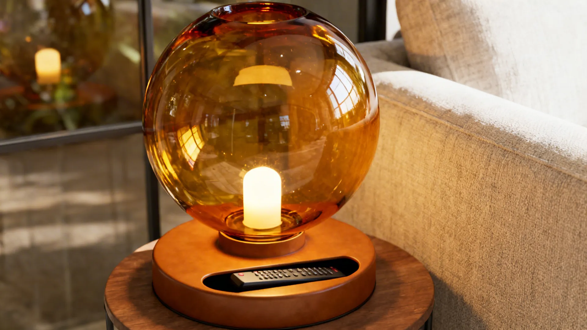 Amber glass globe lamp with a hidden storage base emitting a warm glow in a small living room.