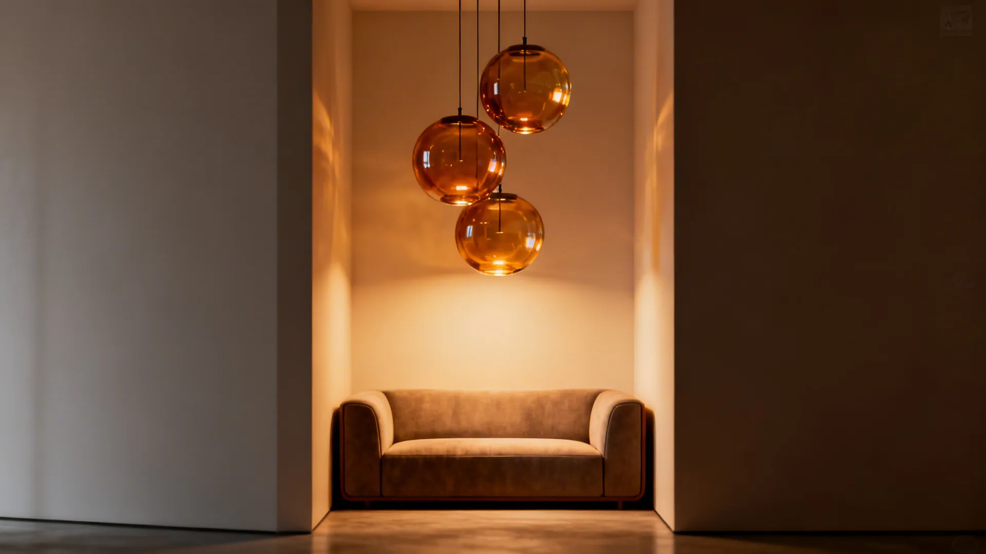 Three amber glass globe ceiling lights hanging above a simple beige sofa in minimalist room