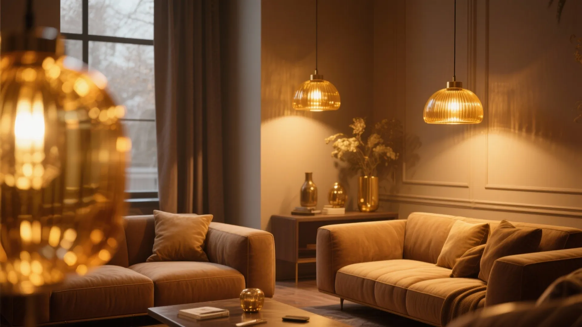 3. Warm Lighting with Amber Glass Shades