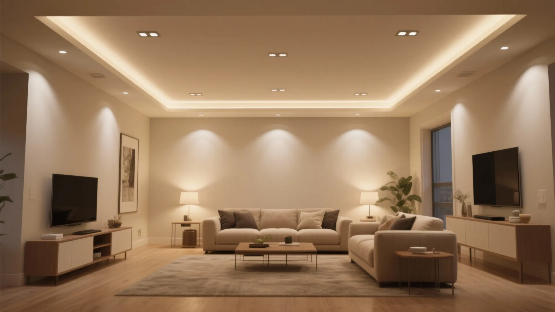 Modern living room with beige sofa wooden coffee table television and warm light from ceiling