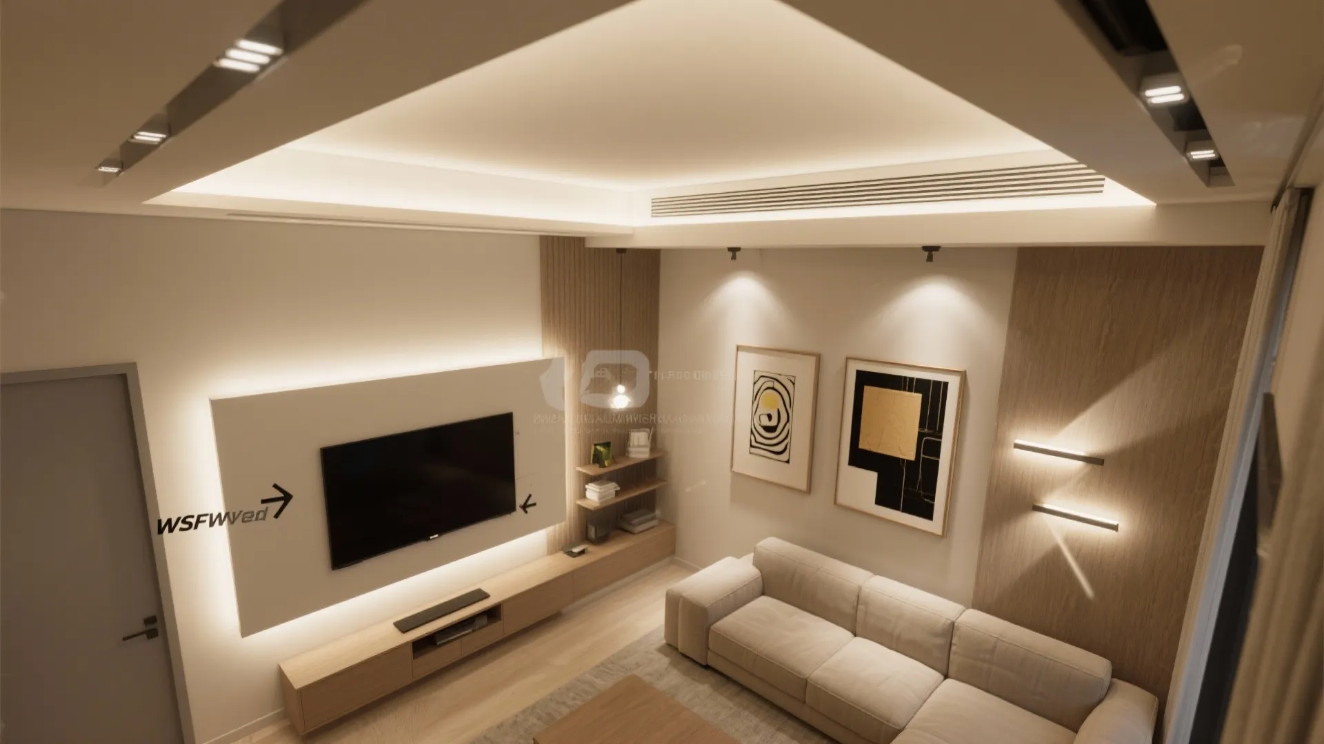 Warm living room with hidden ceiling light plus television backlighting and modern white fabric sofa