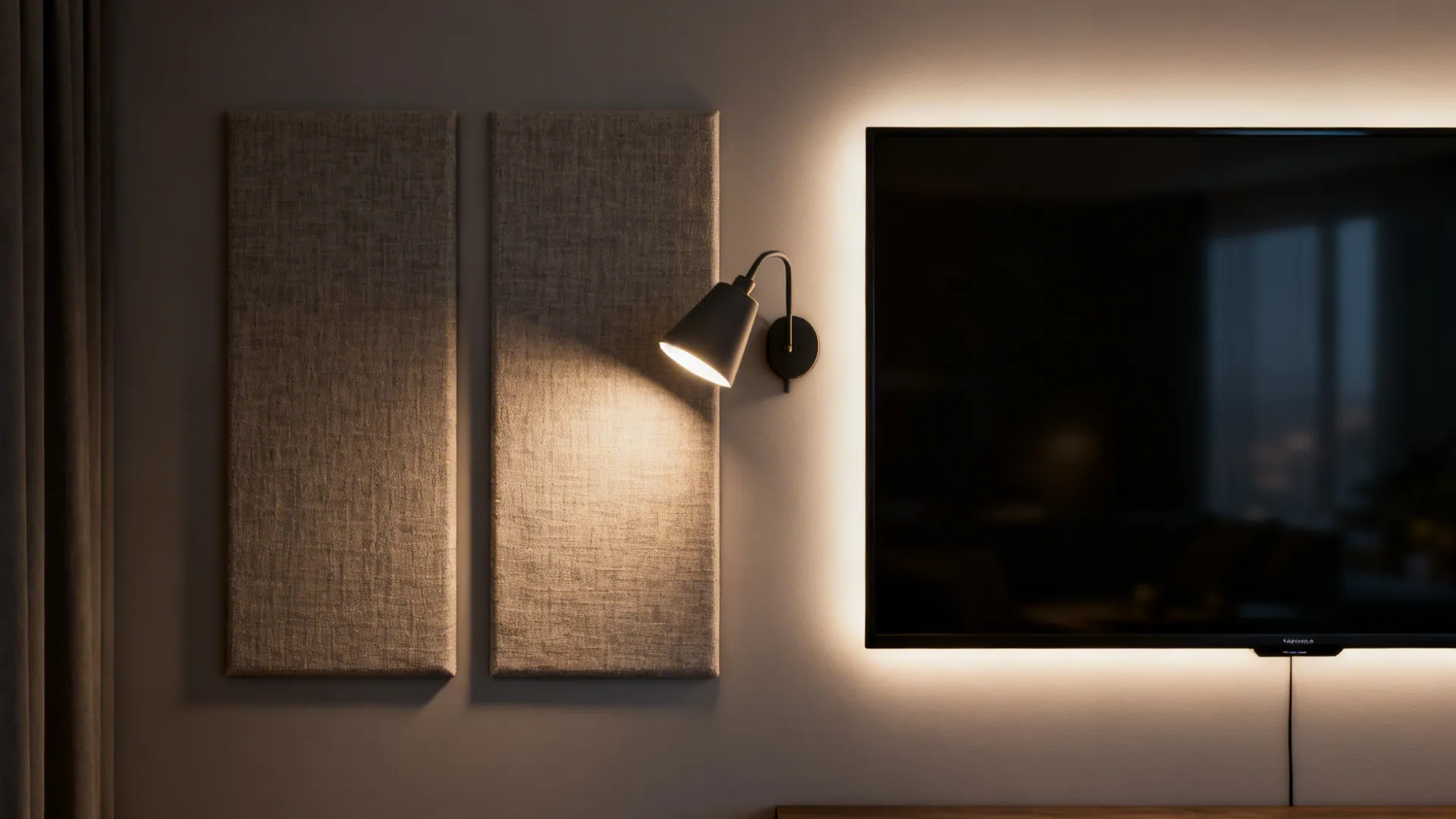 LED bias lighting behind TV with fabric acoustic panels for improved sound and contrast.