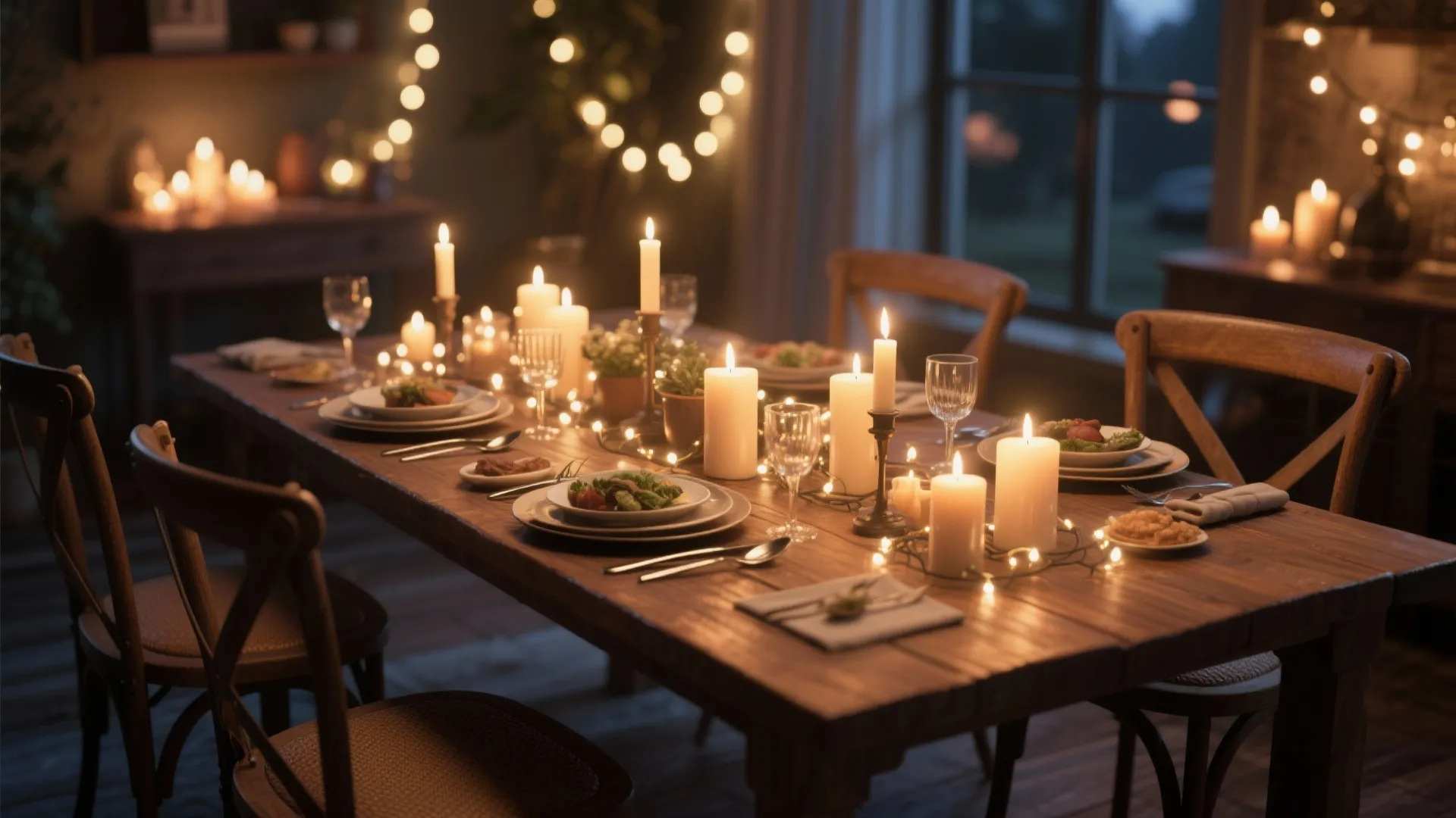 Wooden dining table set with white candles warm string lights dinner plates and wooden chairs