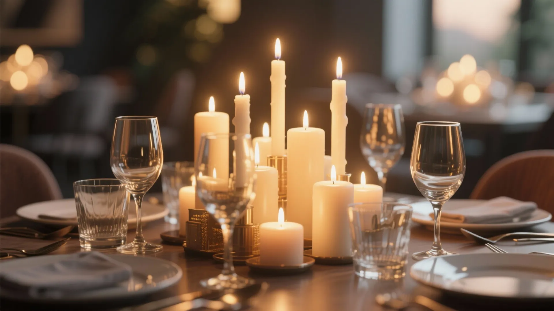 Clustered candles of various heights on a dining table