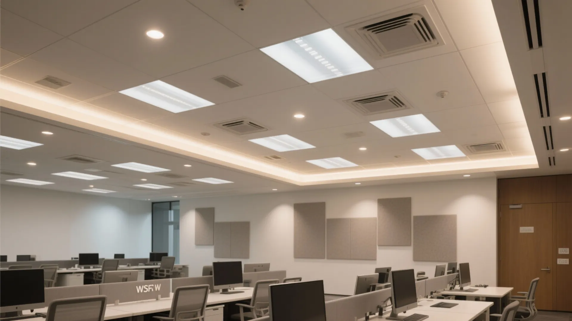 Open studio with recessed downlights and perimeter cove lighting for uniform ambient illumination.