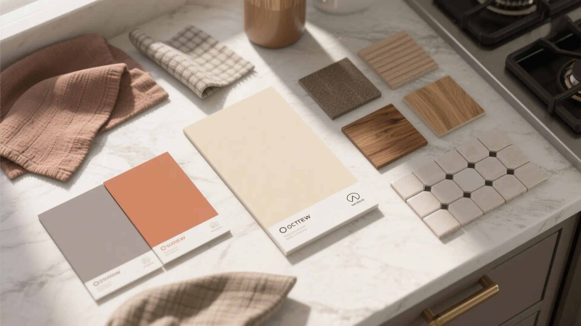 Kitchen material board with paint swatches wood samples tiles and fabric on a marble surface