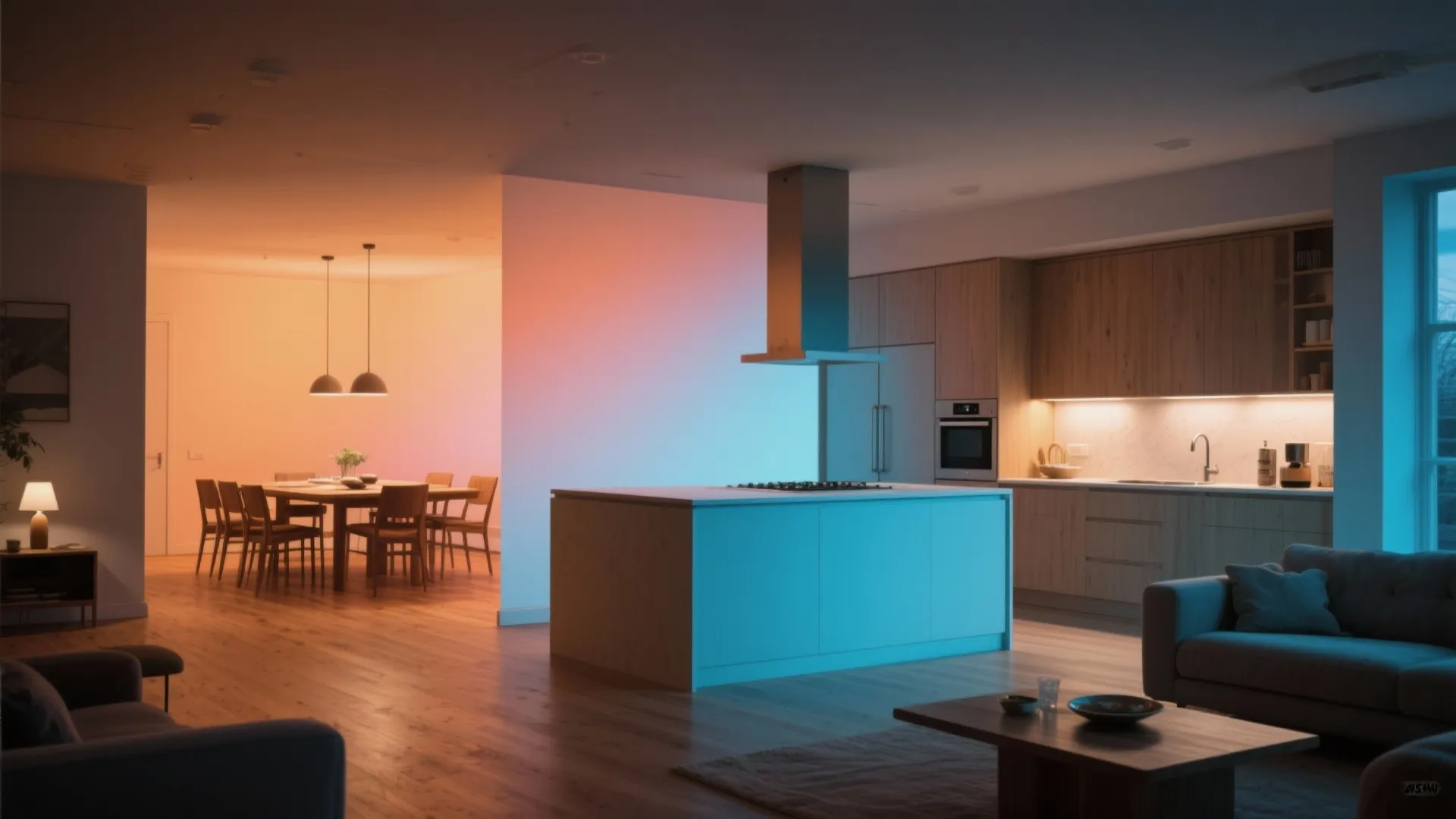 Open plan living area with colorful blue and orange light fixtures illuminating the kitchen island