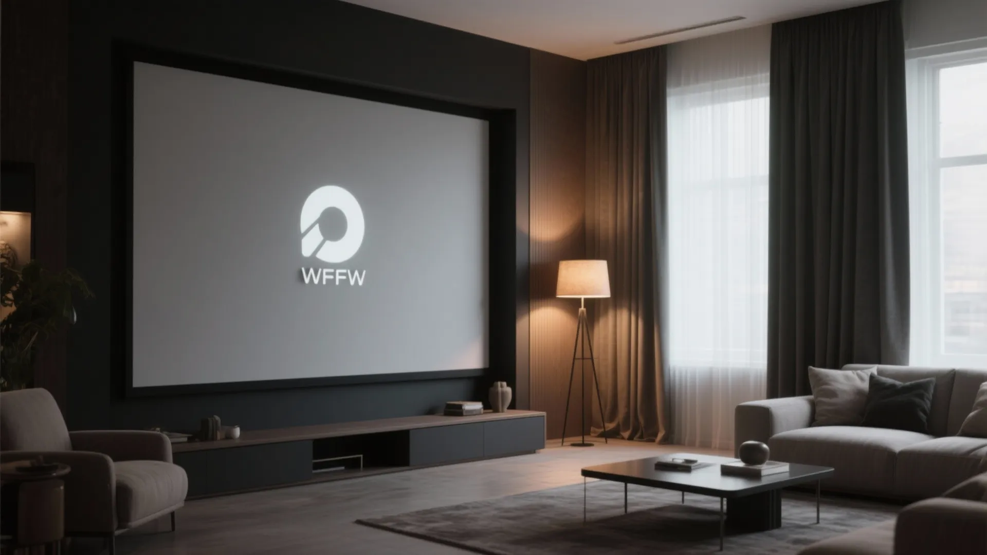 Modern home theater room with large projector screen floor lamp sofa and coffee table furniture