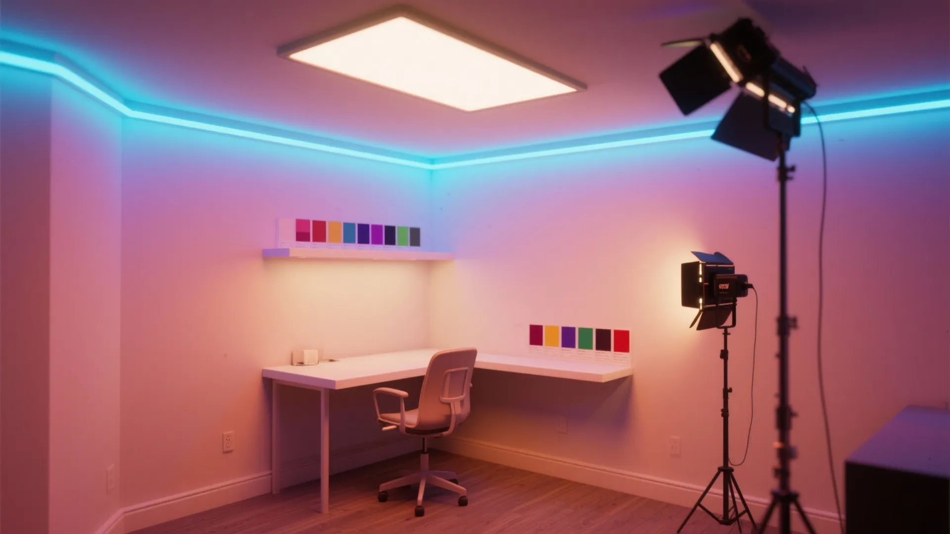 Modern home office with white desk and chair featuring blue strip lighting and professional lights