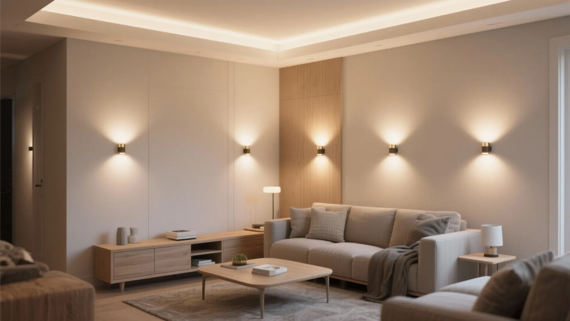 Layered ambient glow with dimmable sconces