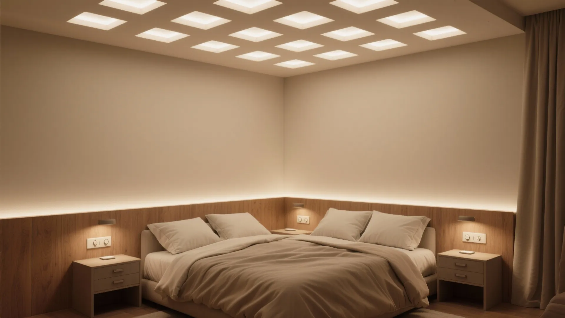 Bedroom with an even recessed lighting grid and dimmer-controlled bedside lights