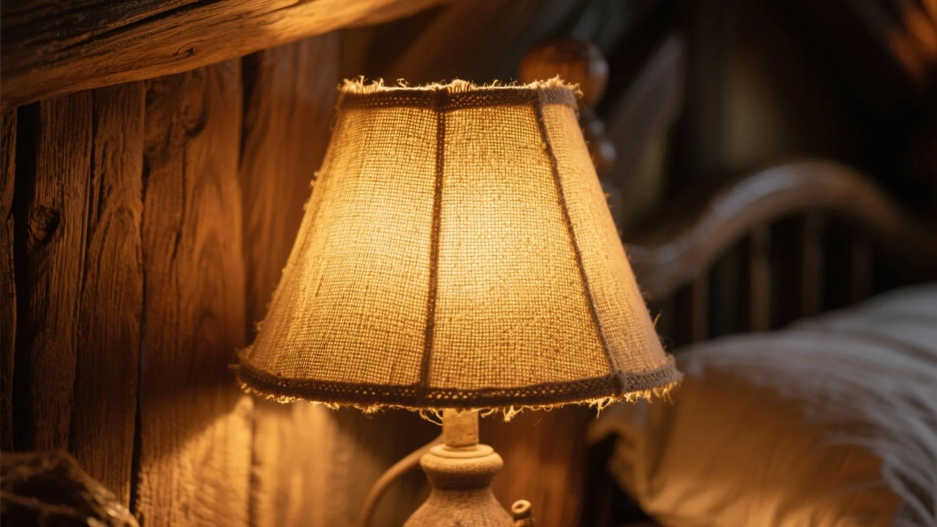 Rustic lamp with fabric shade casting warm golden glow