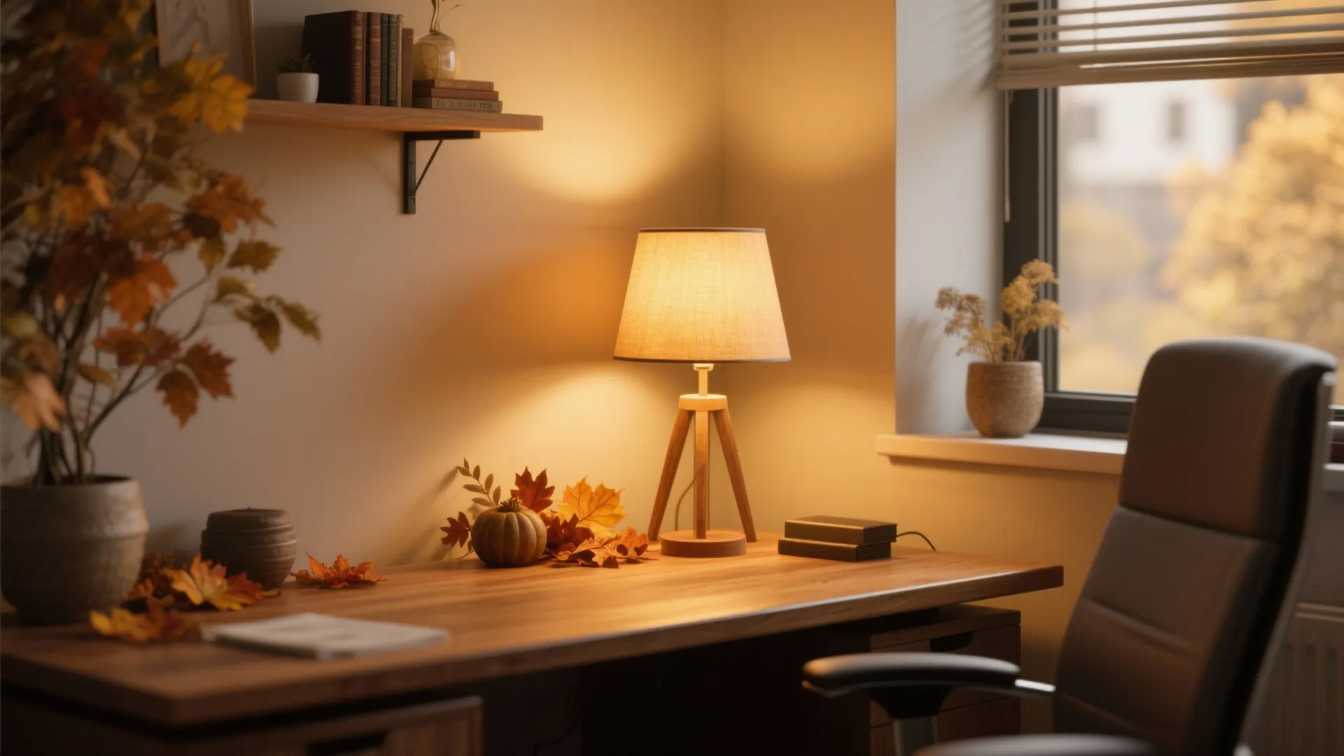 Warm office desk with wooden table lamp chair autumn leaves and pumpkin near a bright window