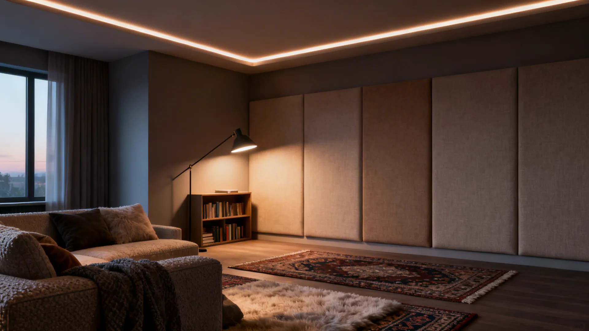 Living room with layered ambient lighting and acoustic fabric panels for calm cinematic atmosphere