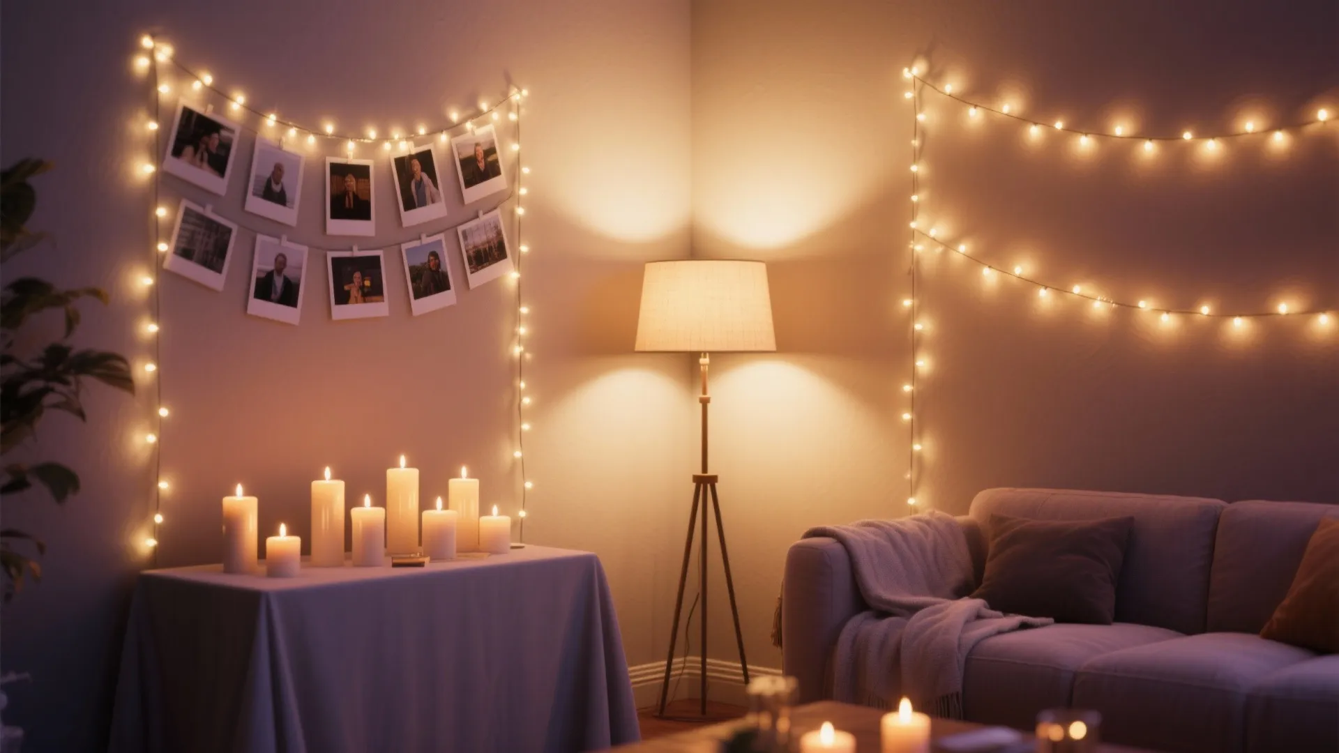 Cozy living room interior with warm candles on table string lights and a floor lamp