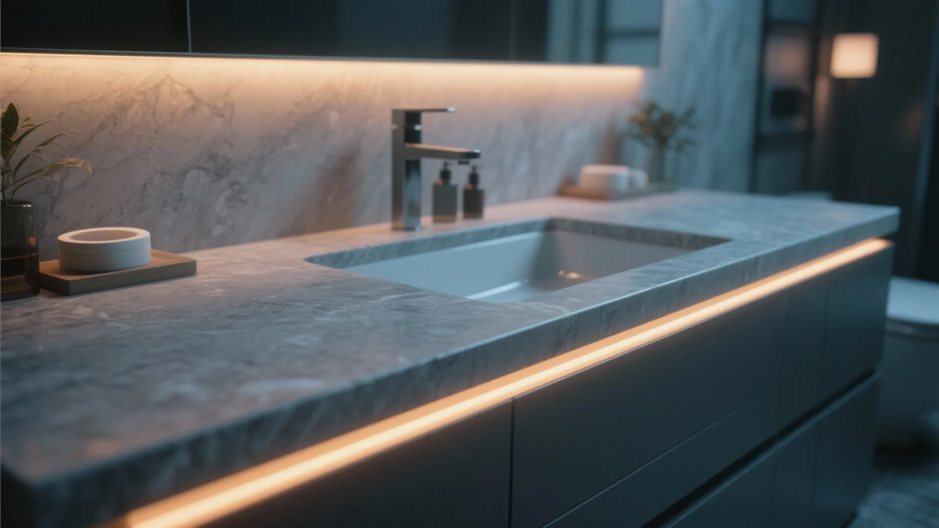 Modern bathroom vanity with grey marble countertop white sink and warm orange strip light detail