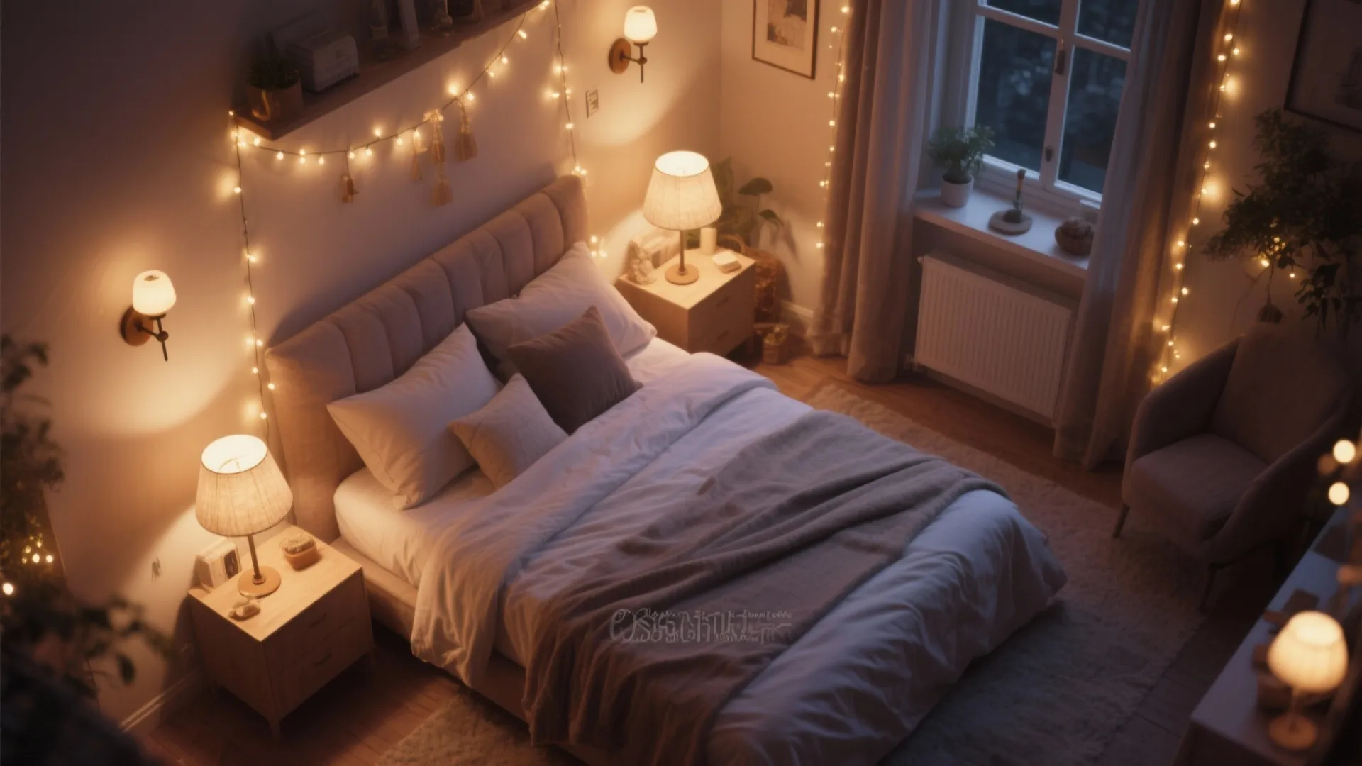 Bedroom layout with soft ambient lighting from multiple sources