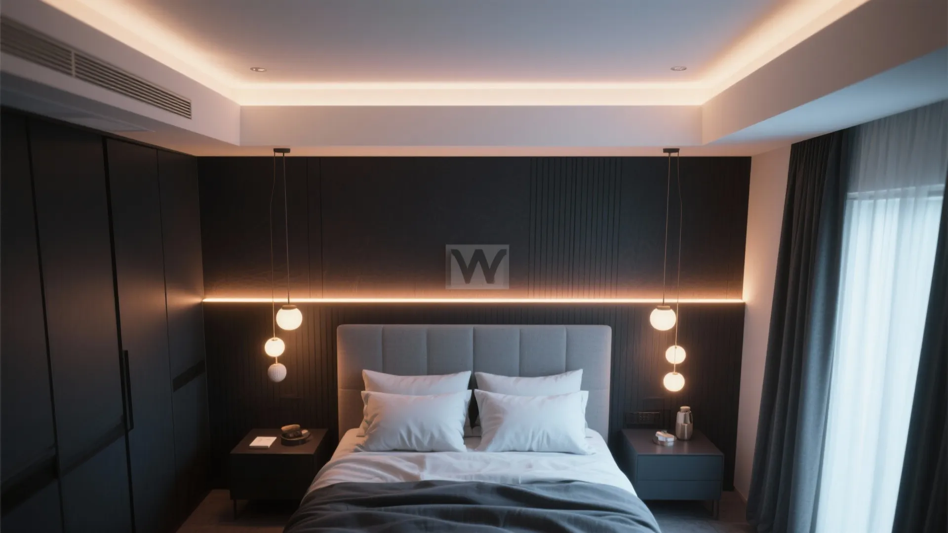 Luxury bedroom with dark wall paneling warm light fixture grey headboard and soft white pillows