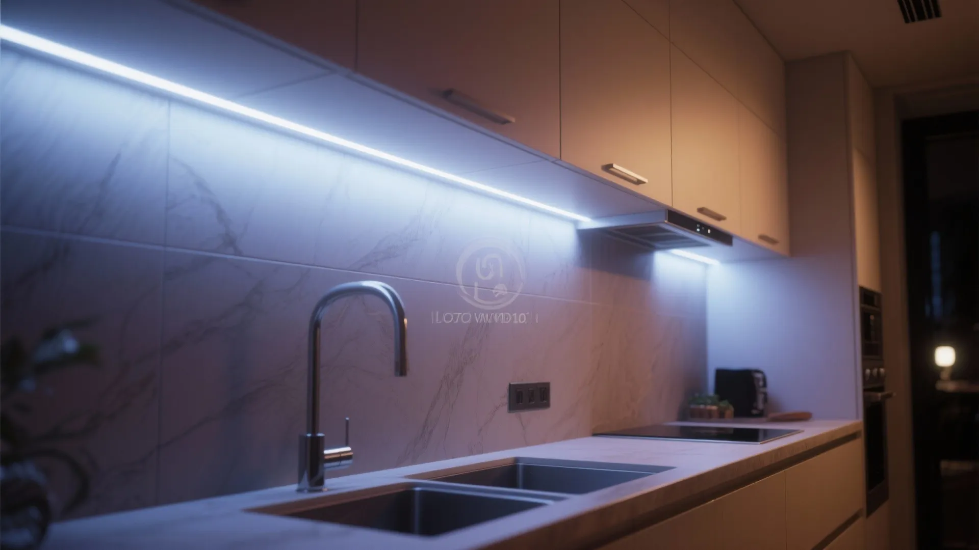 Modern kitchen with white light fixture strip under cabinets above a steel sink and faucet