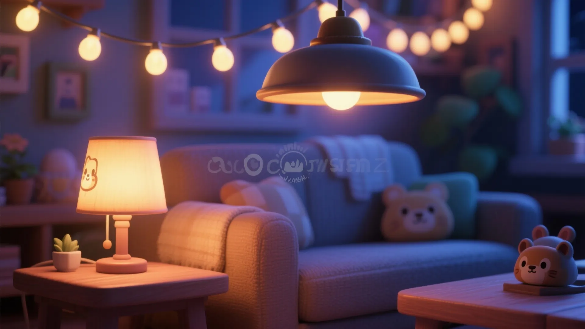 Cozy living room interior with warm table lamp hanging string lights and comfortable grey sofa