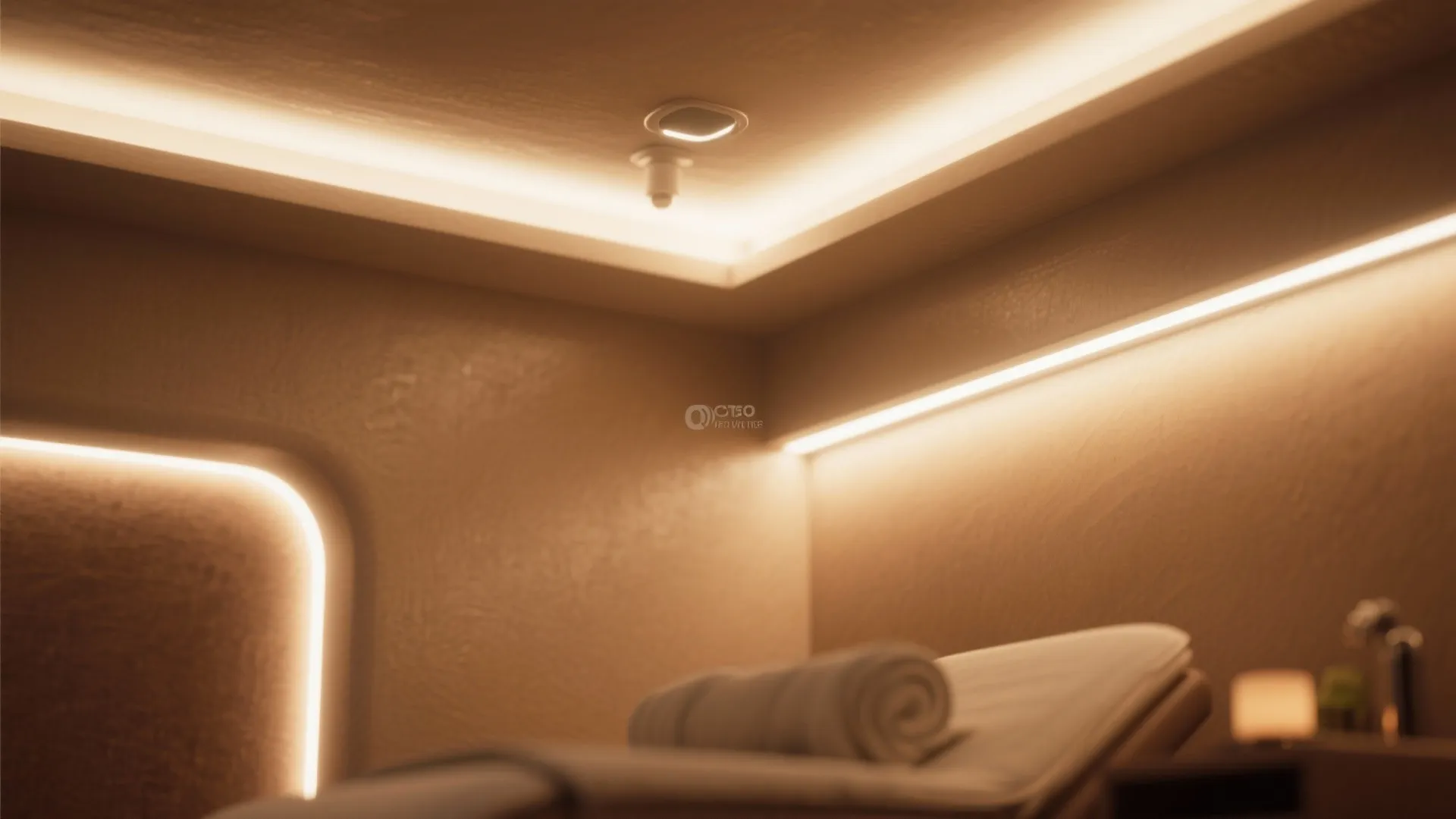 Warm interior lighting detail showing bright light strips on the ceiling and walls near bed