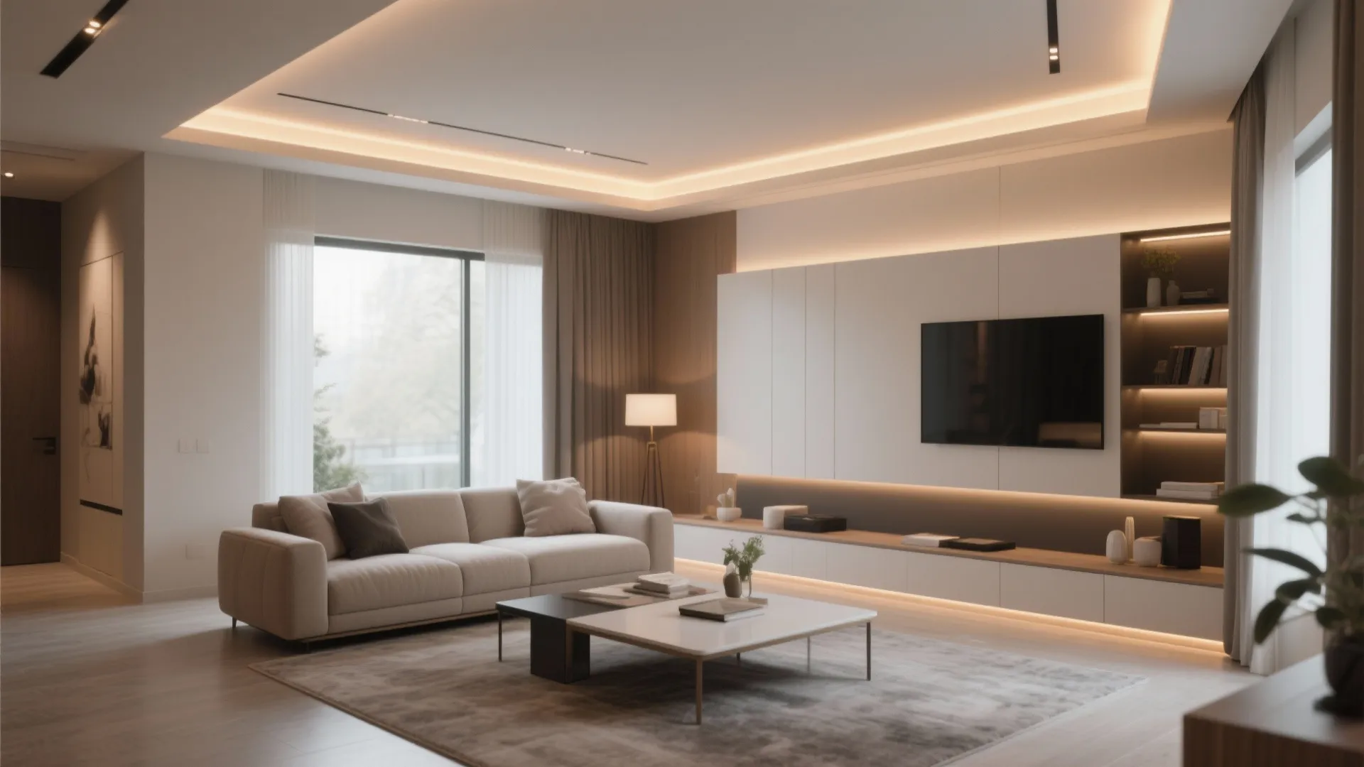 Warm living room with hidden ceiling lights white sofa television wall cabinet and large floor rug