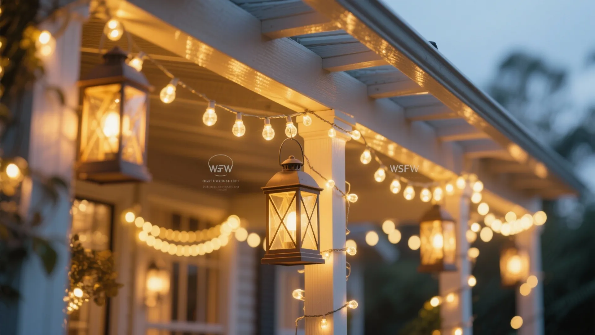 Veranda string lights and lanterns in warm glow
