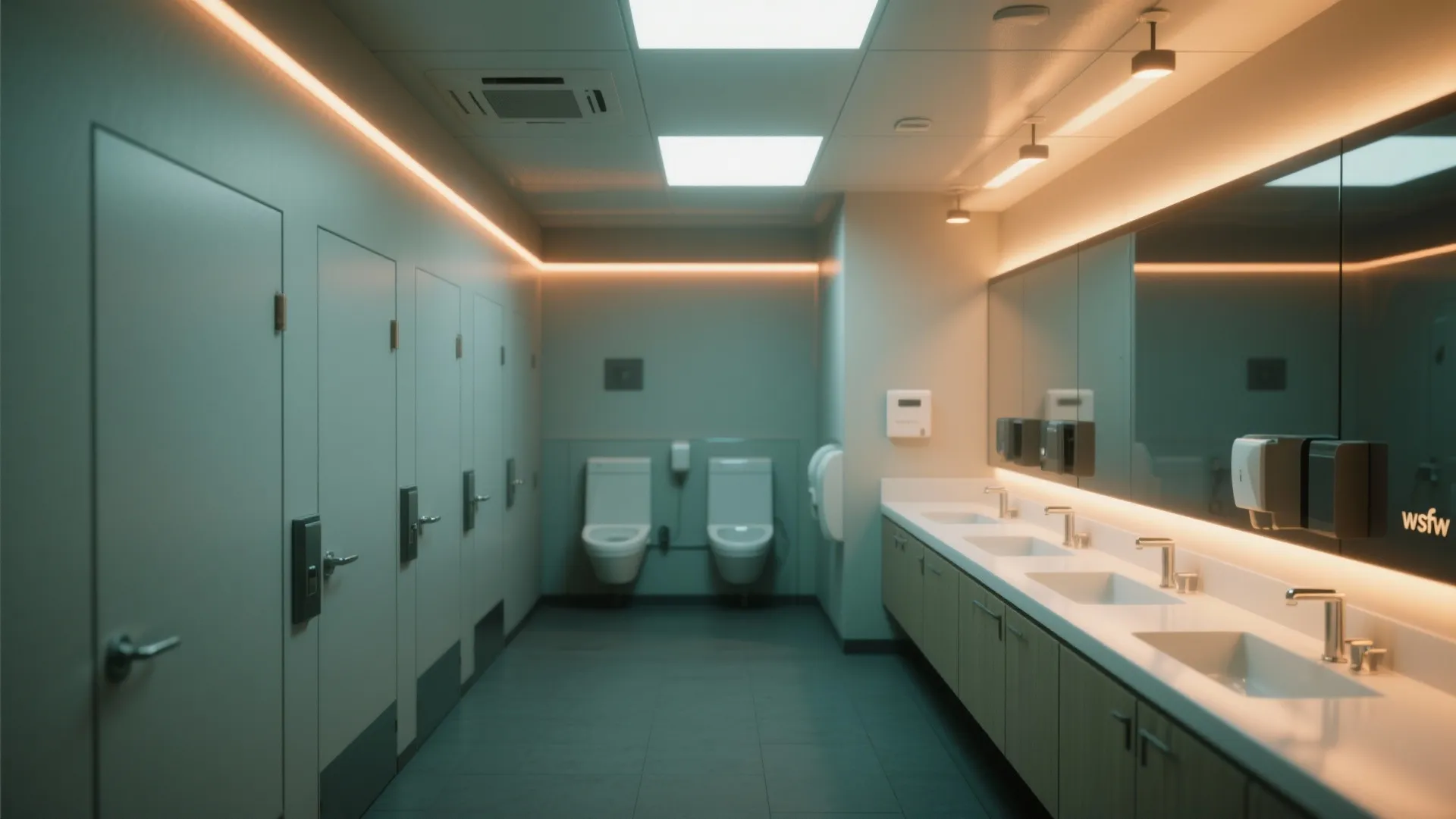 Modern public washroom featuring long row of white sinks, large mirrors, toilets, and warm lighting