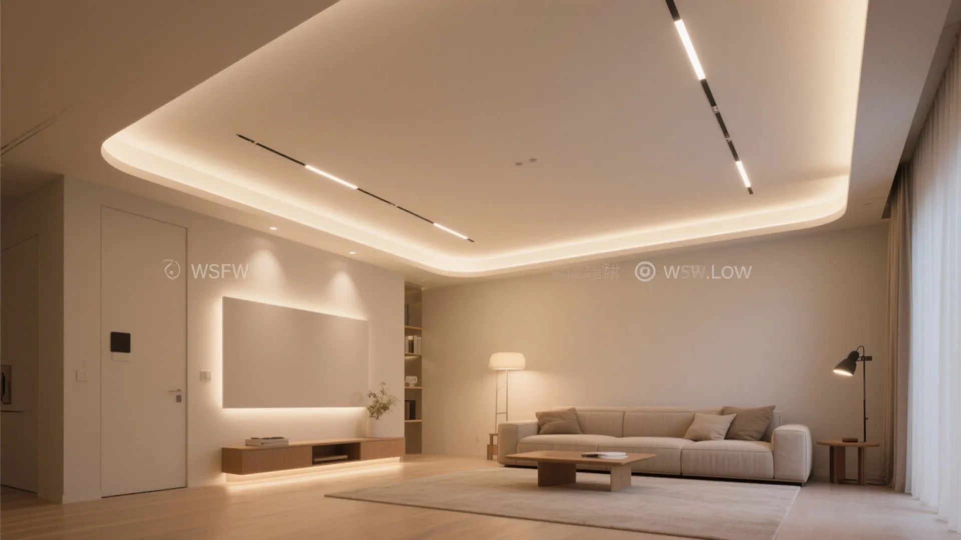 Large minimalist living room with long beige sofa wooden coffee table and warm hidden ceiling lights