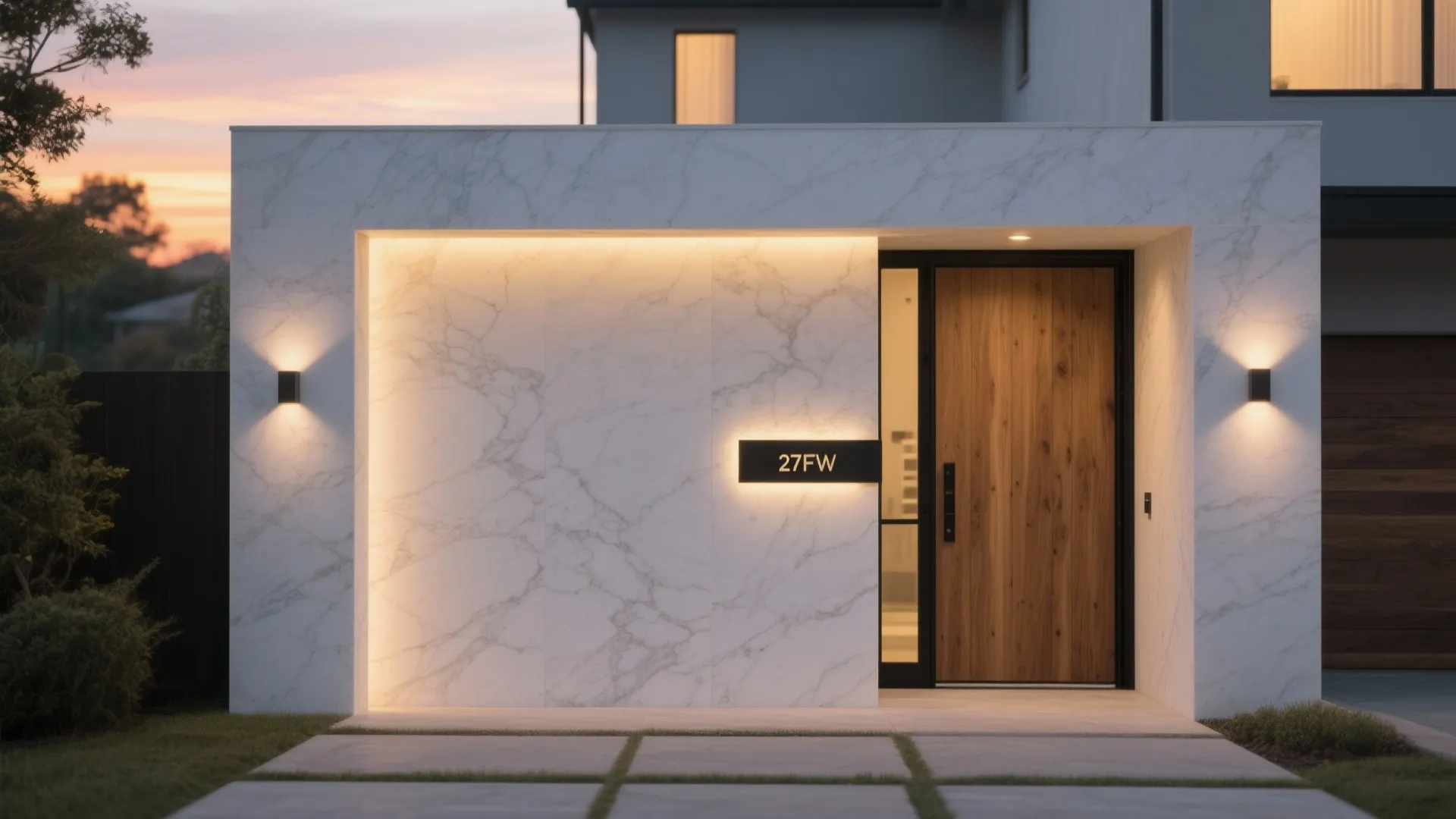 Modern white marble house exterior with wooden door wall lights and glowing house number sign
