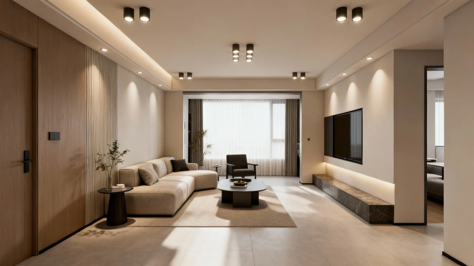Small living room lit evenly by multiple recessed ceiling lights with warm neutral decor.