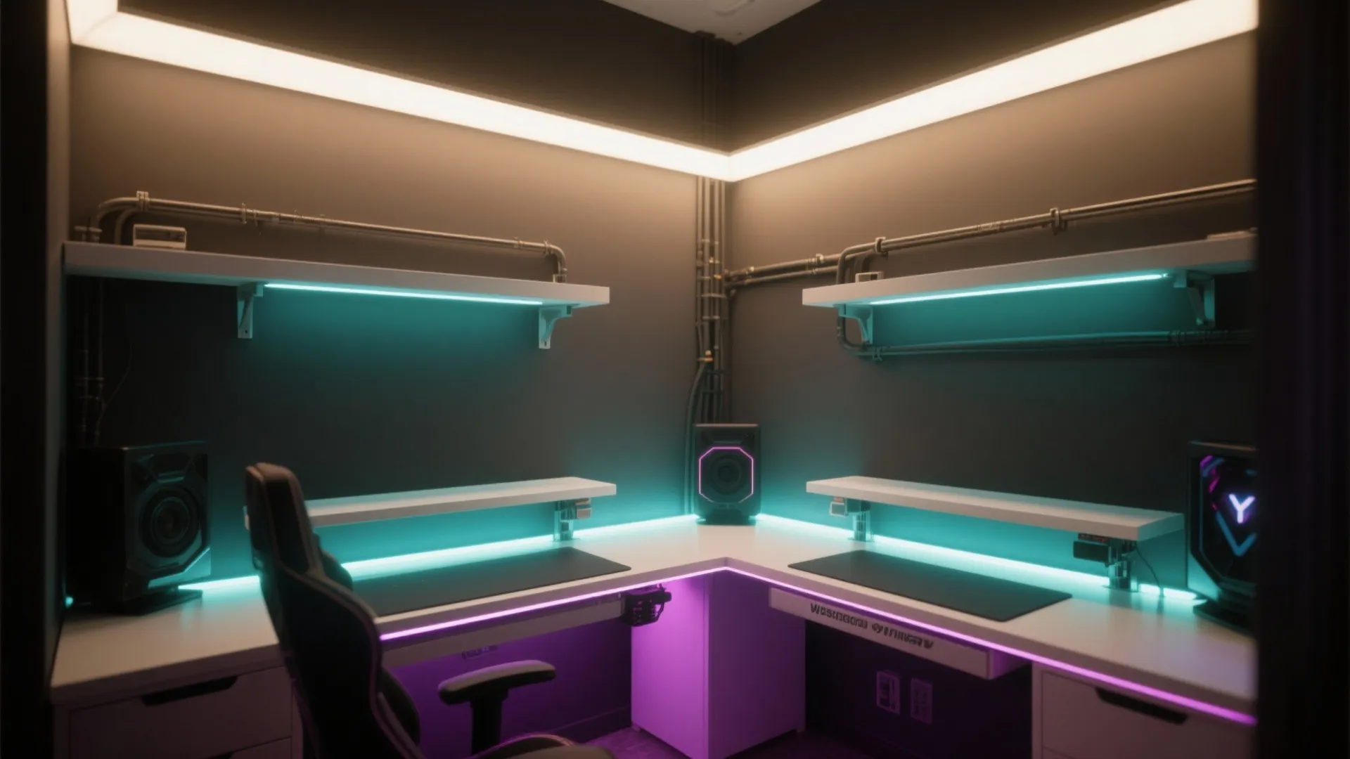 Corner desk with white shelves and purple light fixture details in a modern gaming room