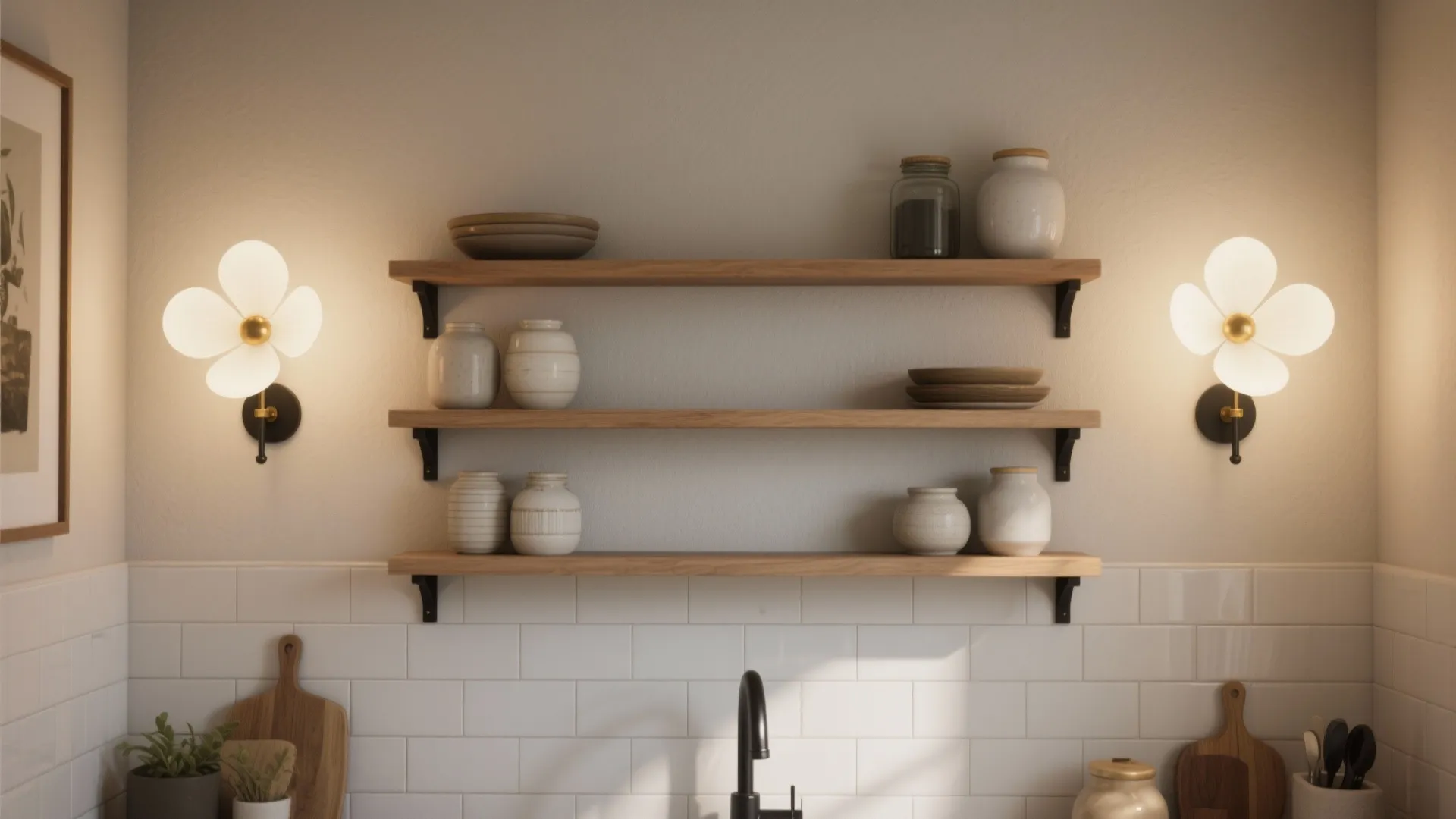 Petal-Shade Ambient Pairing Above Open Shelves