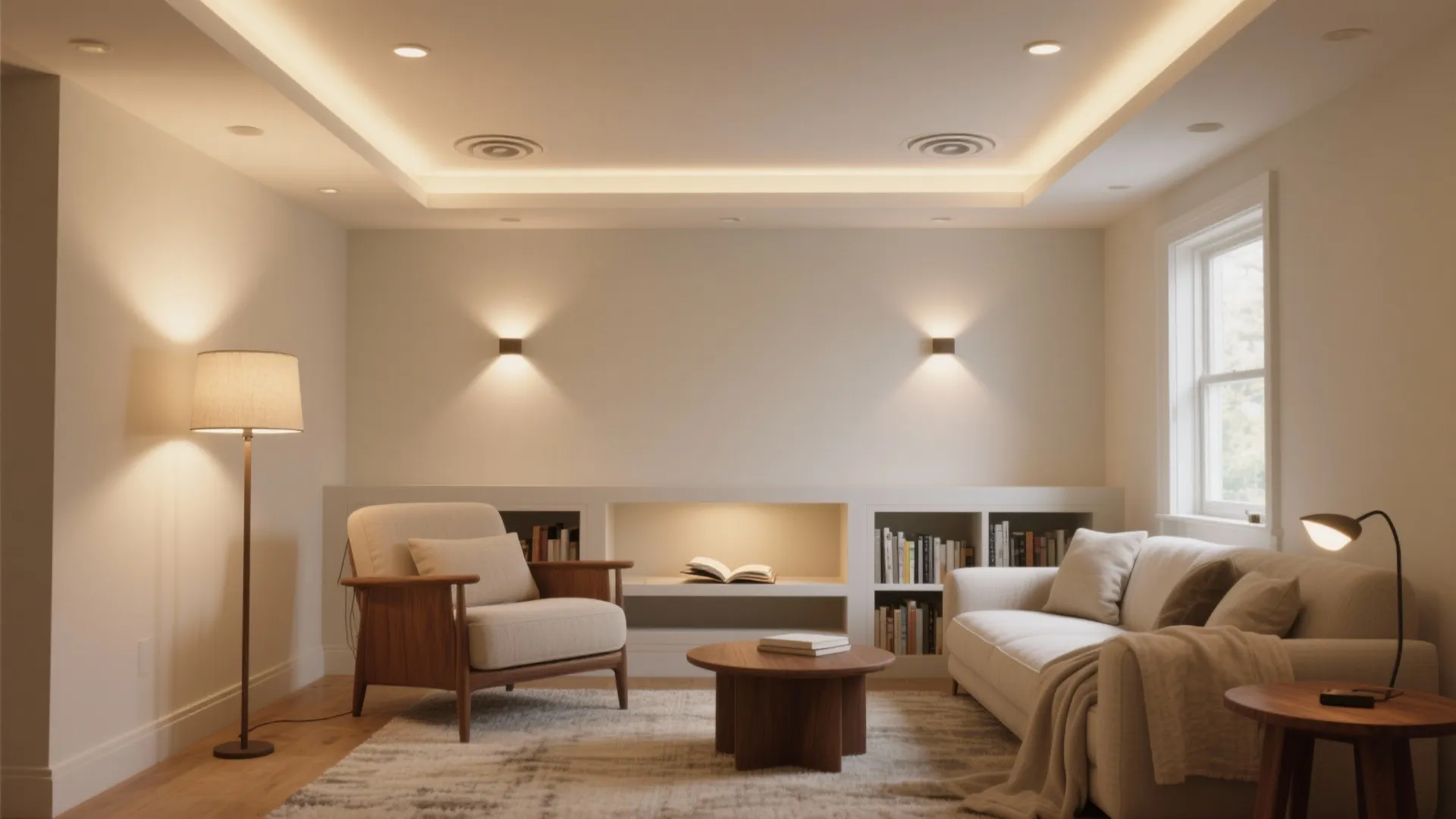 Cozy living room featuring a floor lamp wall lights ceiling lights sofa armchair and table