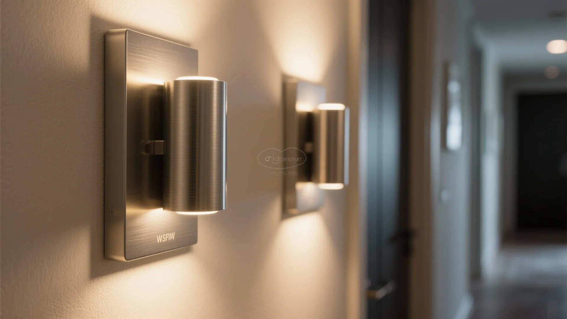 Two modern silver wall lights mounted on a white wall in a dark hallway interior