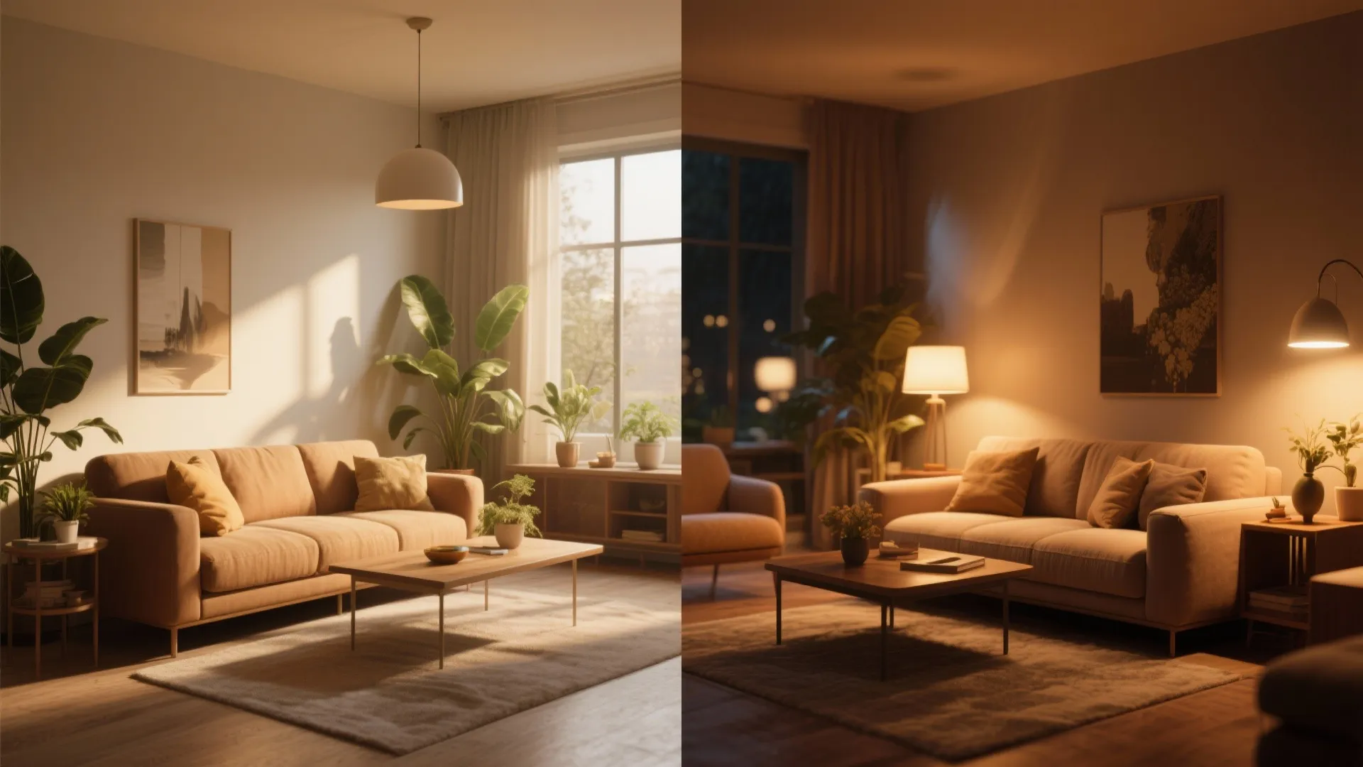 Living room in natural vs warm ambient lighting