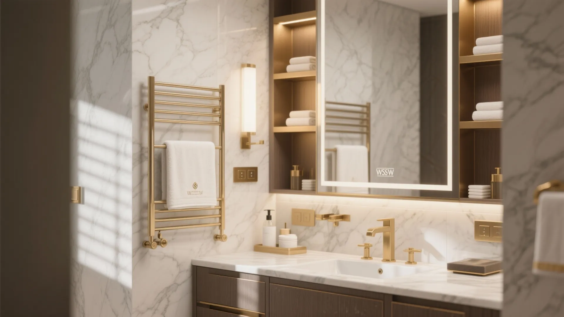 Modern bathroom vanity featuring marble top gold faucet and gold towel rack with white towels