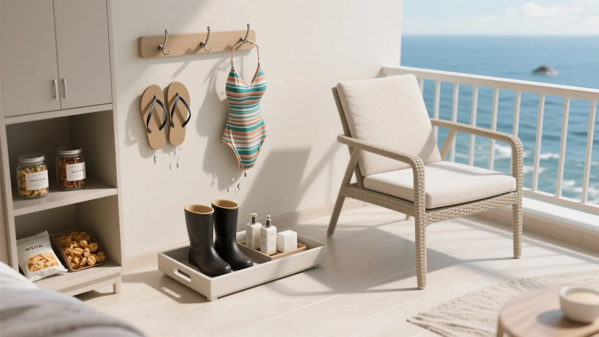 Flatlay of practical guest amenities: boot tray, hooks, pantry snacks, and weatherproof balcony sample