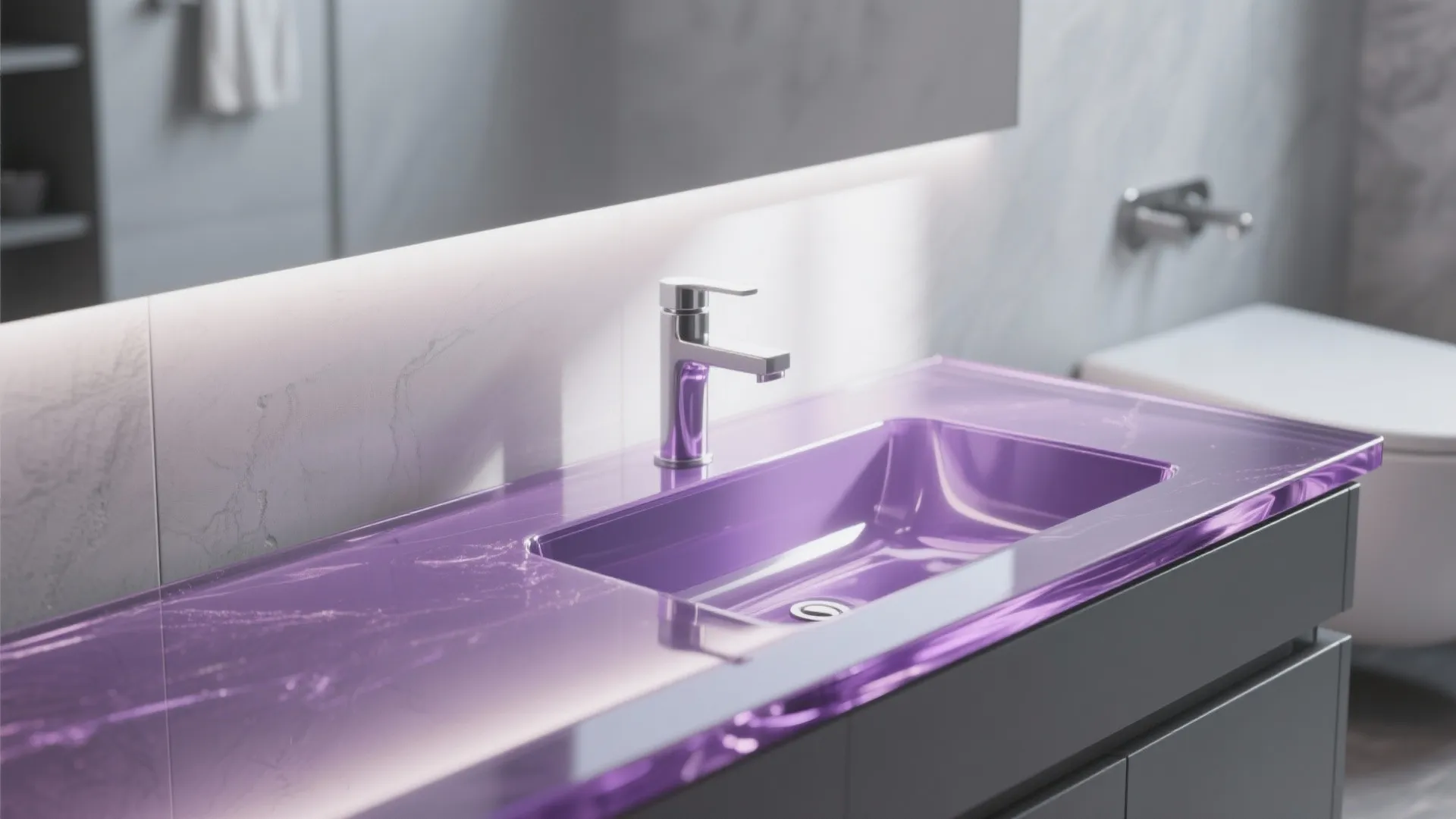 Close up of a purple glass sink counter with a silver faucet and white tiles