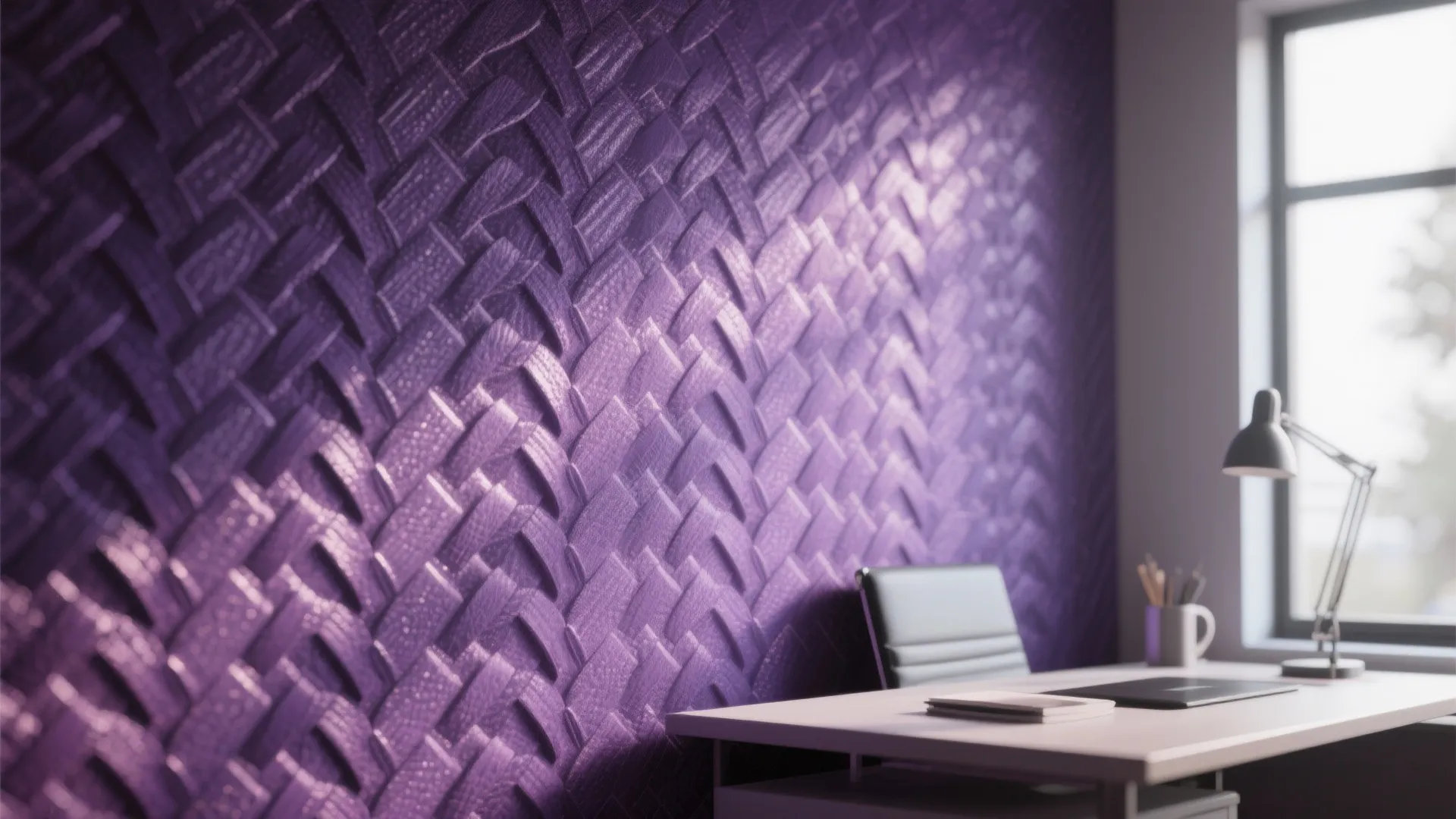 Home office setup with textured purple wallpaper behind a white desk with a grey chair