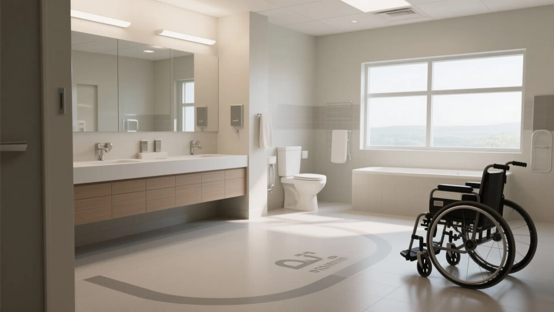 Spacious accessible bathroom featuring a wheelchair turning circle on floor with white sink and bathtub