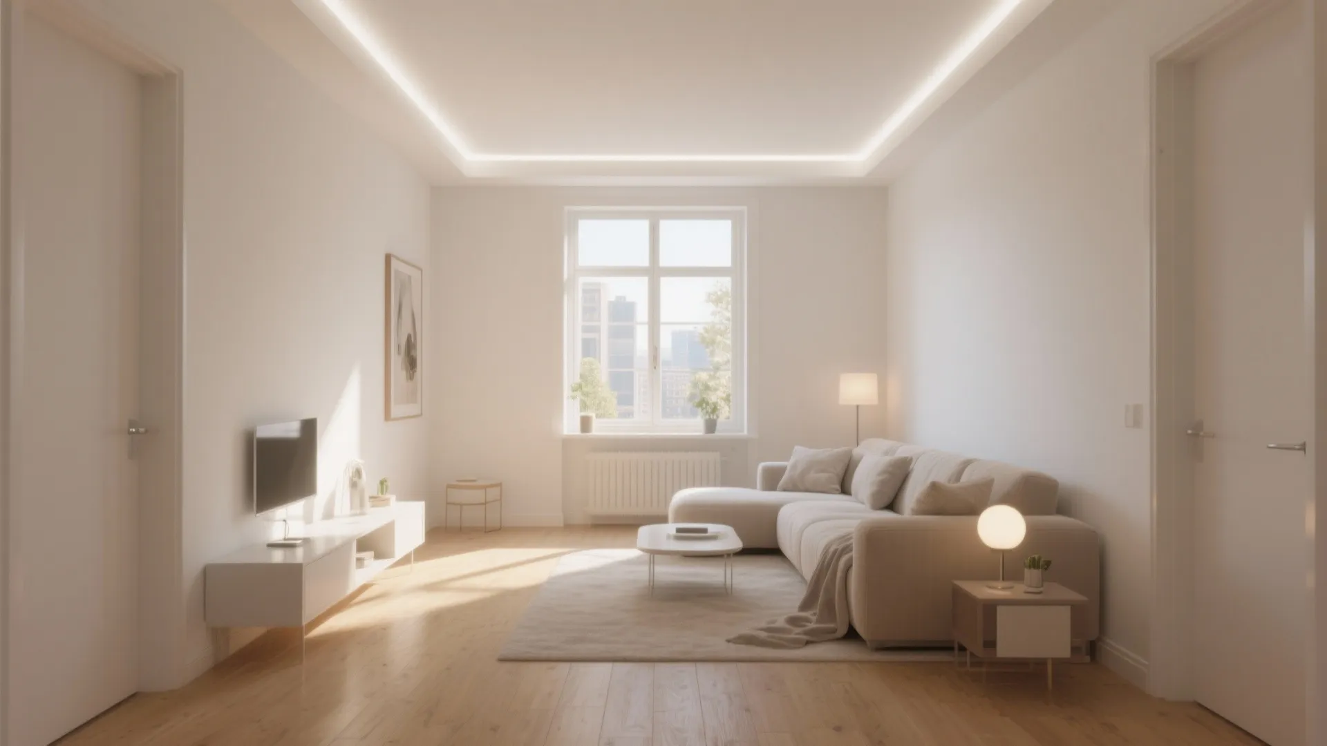 Minimalist white living room with wood floor and large window showing bright city view sunshine