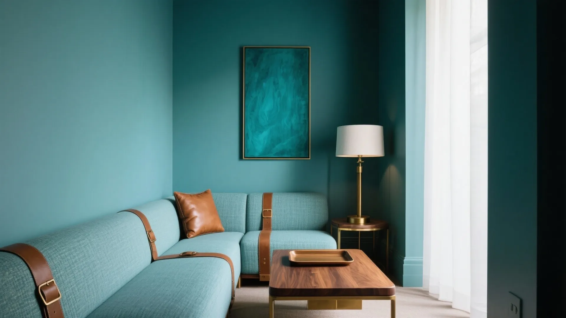 Modern teal room with a blue sofa leather straps wooden table lamp and framed art