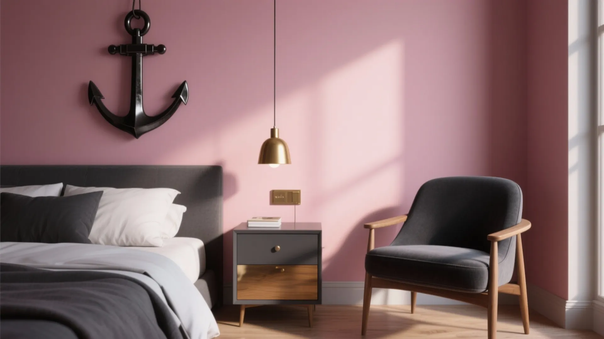 Modern pink bedroom featuring a black anchor wall decoration plus grey sofa and gold light