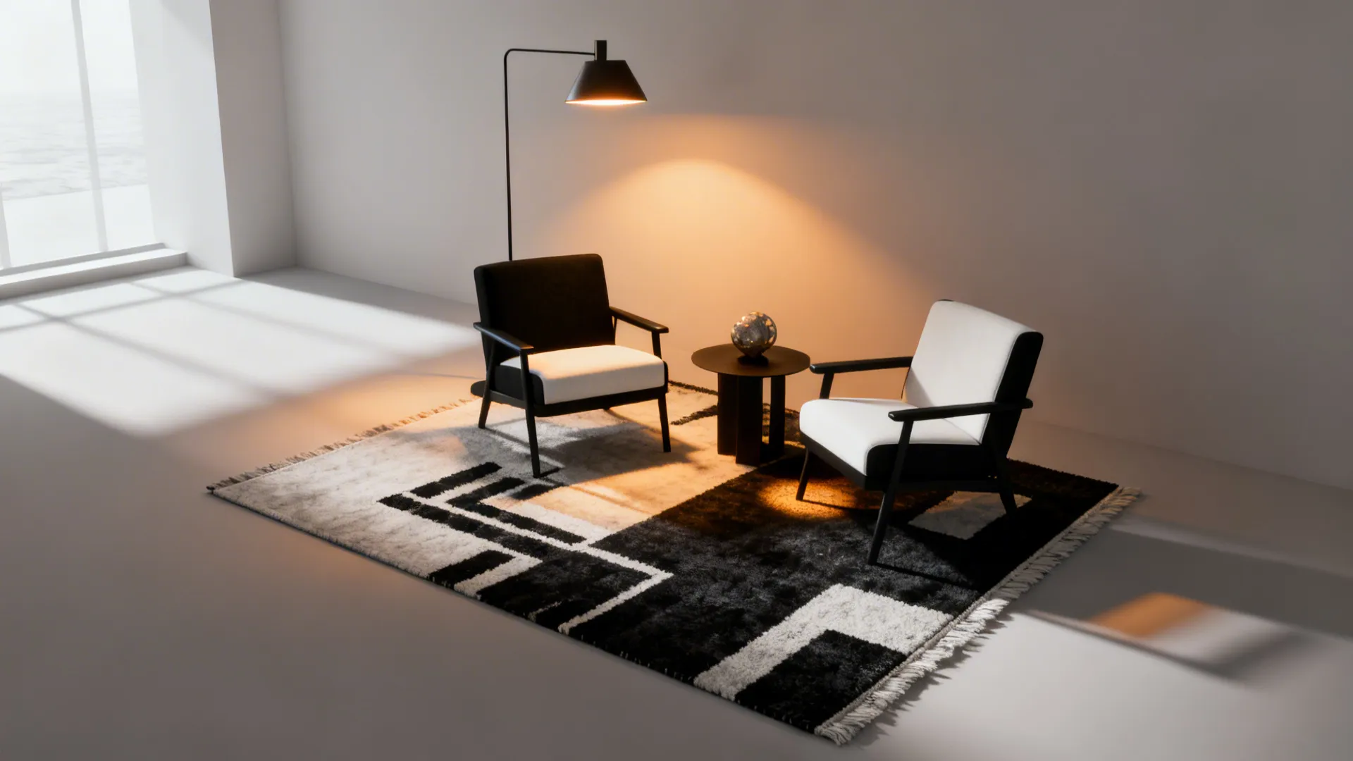 Seating area anchored by a monochrome rug and layered lighting highlighting black-and-white chairs.